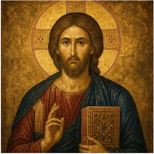 Cristo Pantocrator em estilo iconográfico sobre fundo dourado.