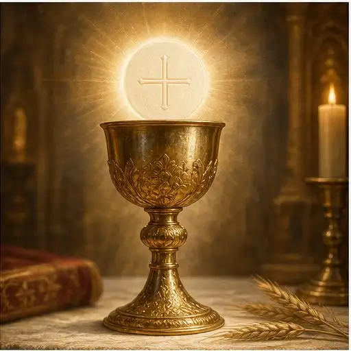 Cálice e hóstia iluminados sobre o altar.