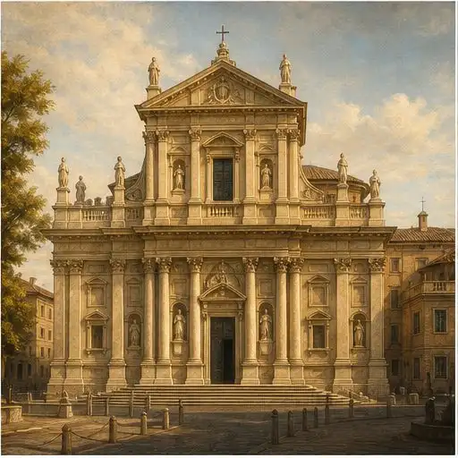 Fachada clássica de uma igreja católica sob luz suave.