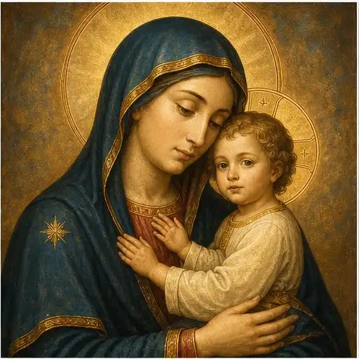 Imagem devocional de Maria com o Menino Jesus em estilo iconográfico.