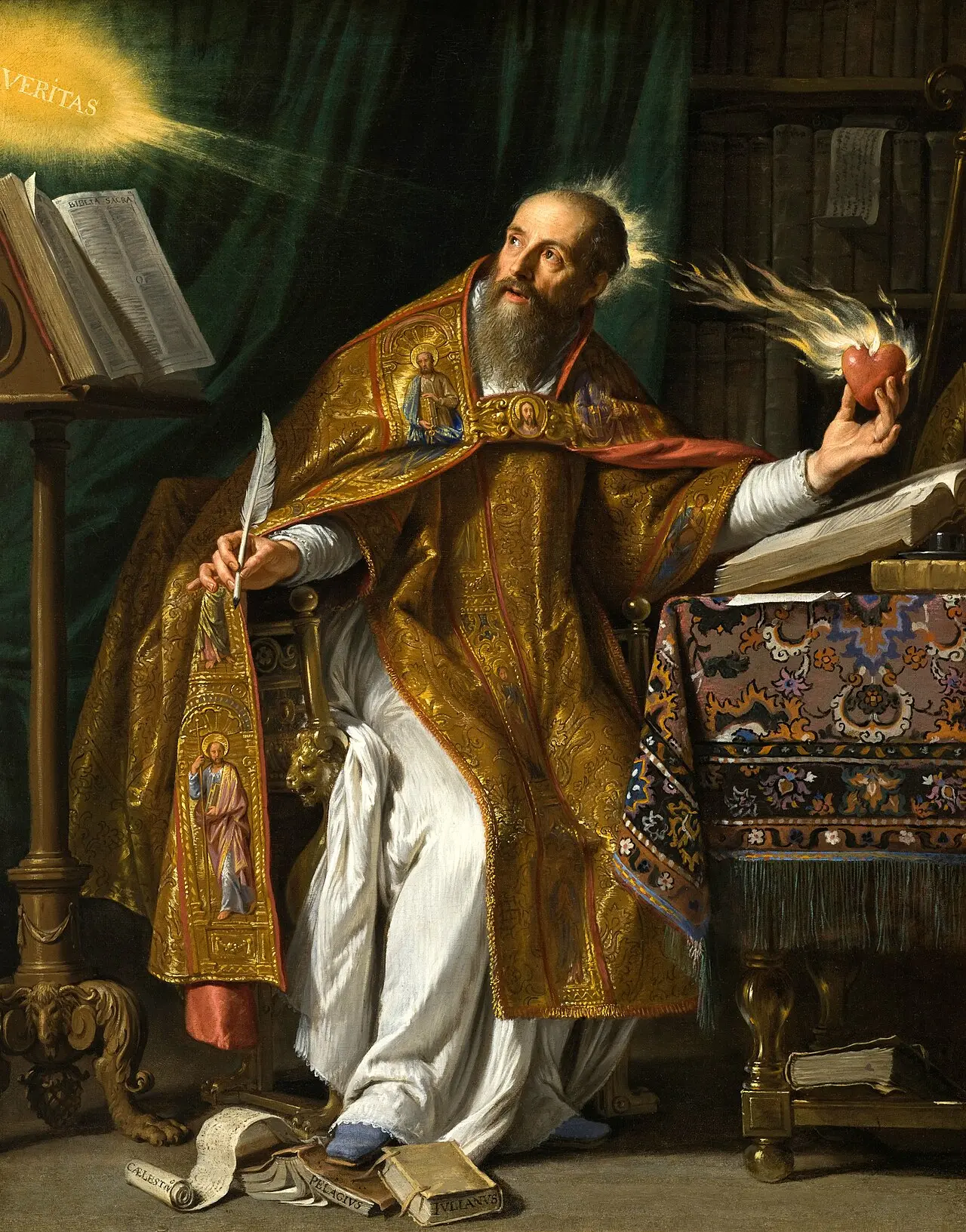 Representação artística de Santo Agostinho junto de livros, com uma pena e um coração em chamas.