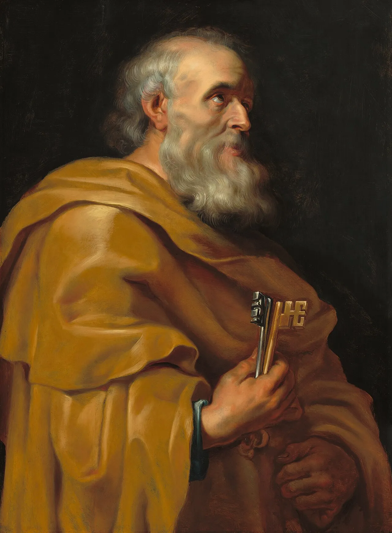 Representação artística de São Pedro, de barba branca e manto dourado, segurando chaves.