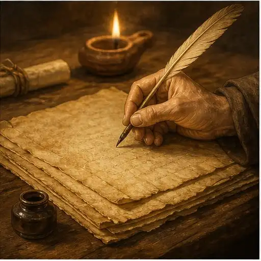 Manuscrito antigo sendo escrito com pena sobre mesa de madeira.