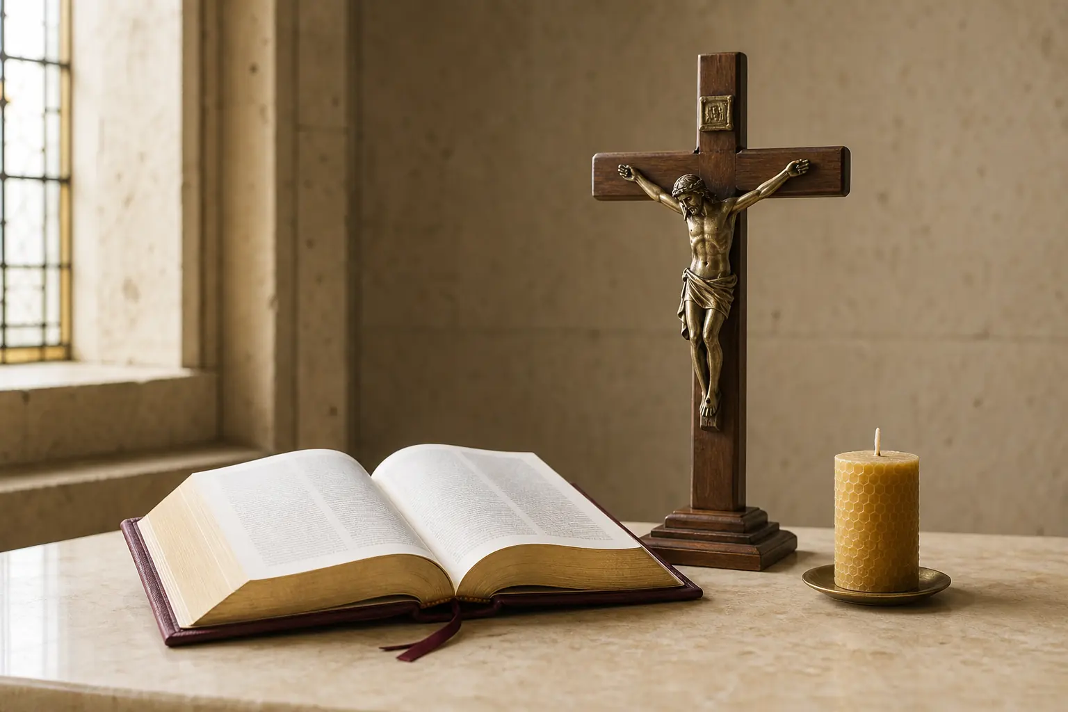 Bíblia aberta, crucifixo e vela acesa em ambiente de oração