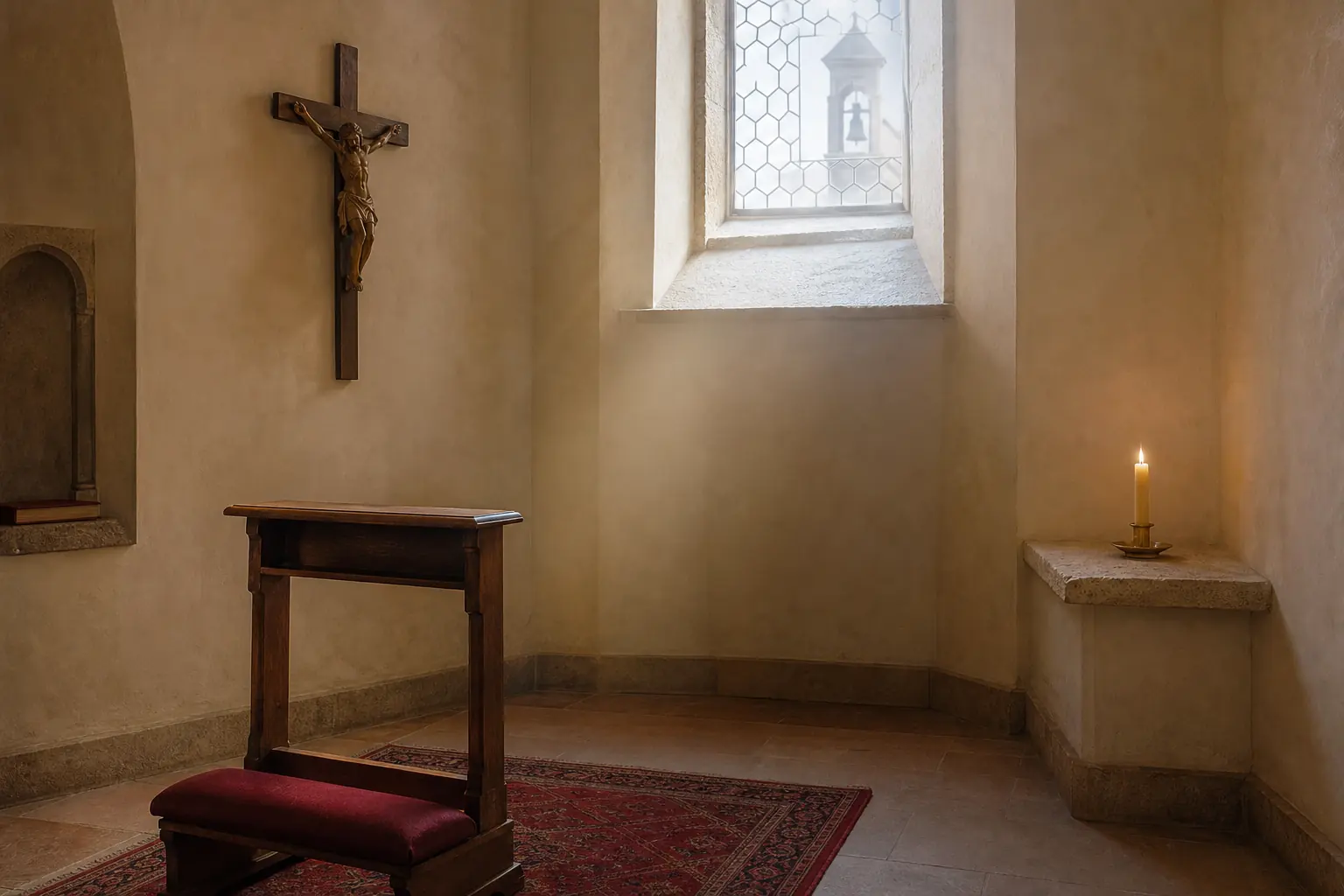 Genuflexório diante de um crucifixo, com vela e torre de igreja ao fundo